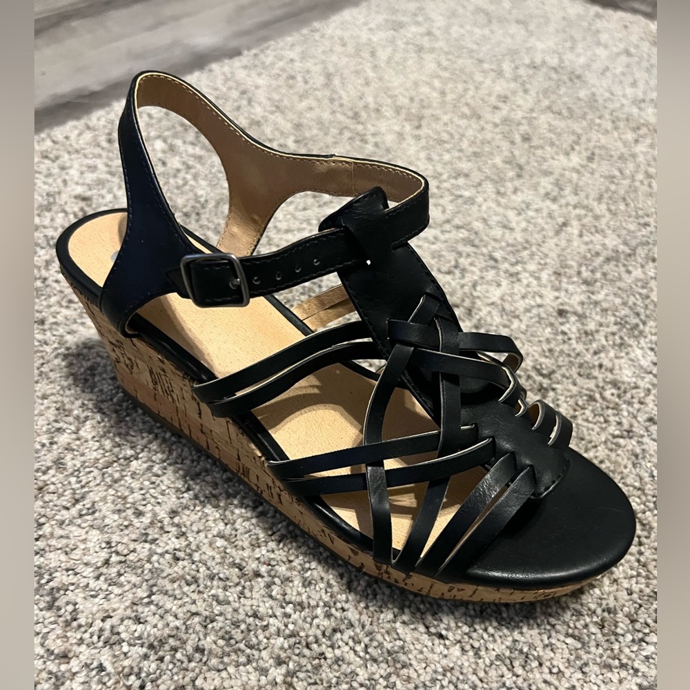 SM New York Women’s Stylish Black Woven Cork Wedge Sandals Size 5